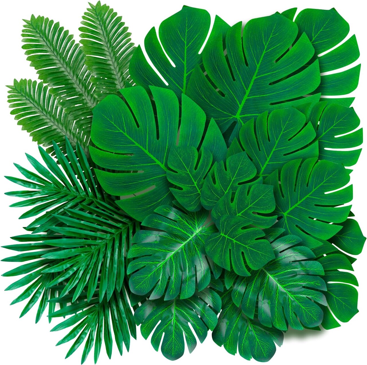 Artificial Palm Leaves 60-108 Pack - 6 Kinds Large Small Green Fake Palm Leaf with Stems for Safari Jungle Hawaiian Luau Party Table Decoration Wedding Birthday